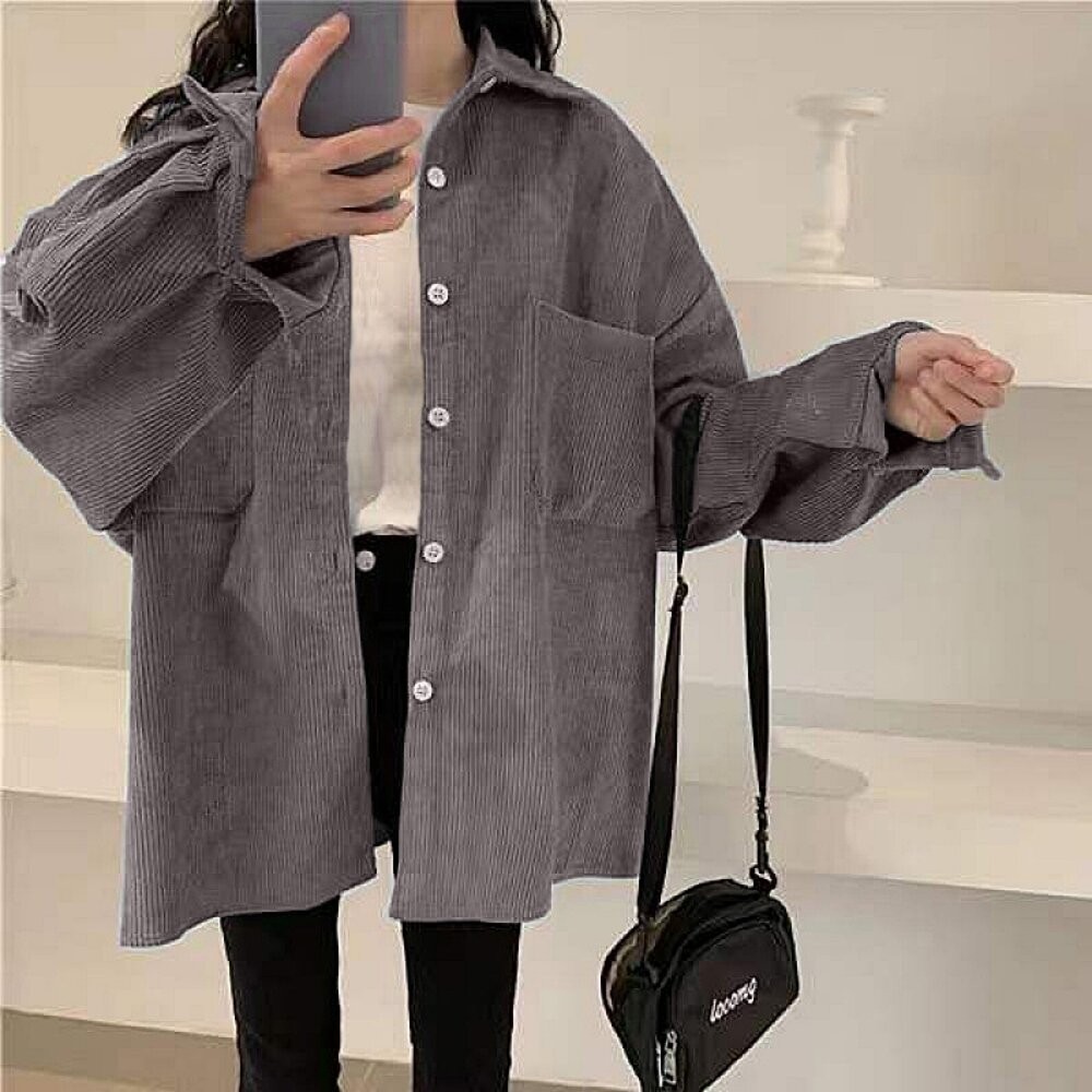 【台灣發貨】韓版寬鬆復古燈芯絨外套 外套 防曬外套 女裝 上衣 衣服【J140】-細節圖3