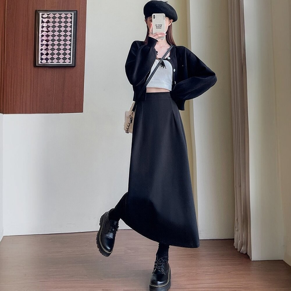 【台灣發貨】韓版高腰顯瘦開叉保暖長裙 裙子 褲裙 長裙 女裝【P408】-細節圖6