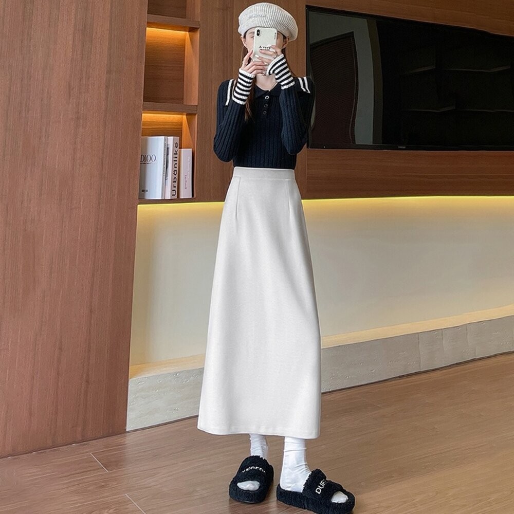 【台灣發貨】韓版高腰顯瘦開叉保暖長裙 裙子 褲裙 長裙 女裝【P408】-細節圖7