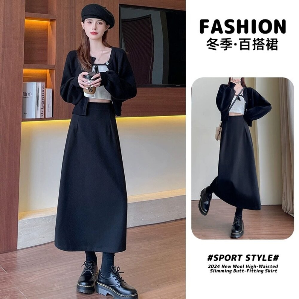 【台灣發貨】韓版高腰顯瘦開叉保暖長裙 裙子 褲裙 長裙 女裝【P408】-細節圖8