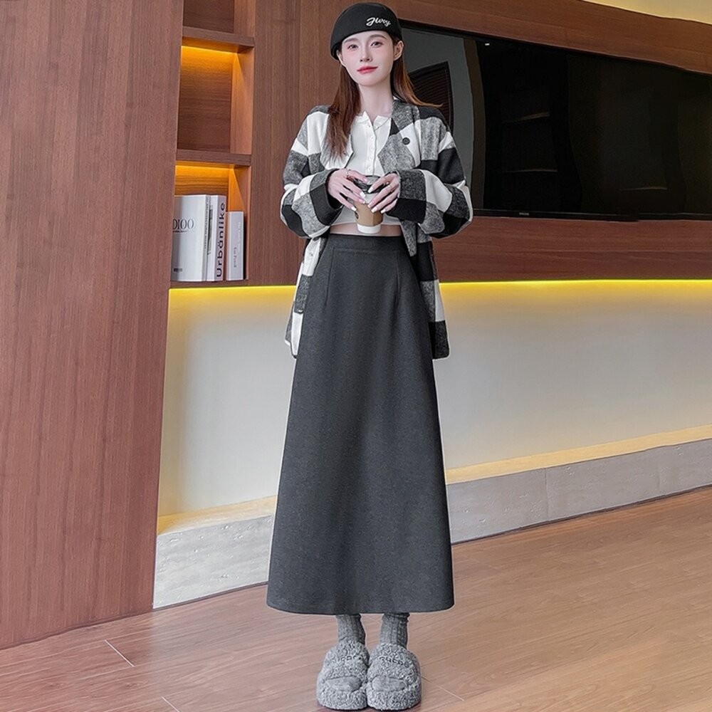 【台灣發貨】韓版高腰顯瘦開叉保暖長裙 裙子 褲裙 長裙 女裝【P408】-規格圖9