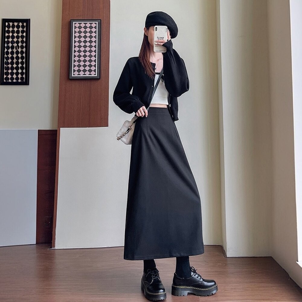 【台灣發貨】韓版高腰顯瘦開叉保暖長裙 裙子 褲裙 長裙 女裝【P408】-規格圖9