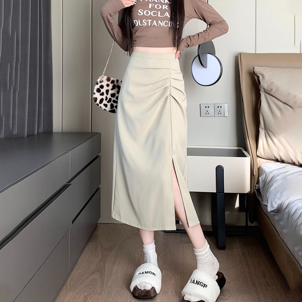 【台灣發貨】韓版氣質設計感高腰西裝長裙 裙子 褲裙 長裙 女裝【P406】-細節圖2