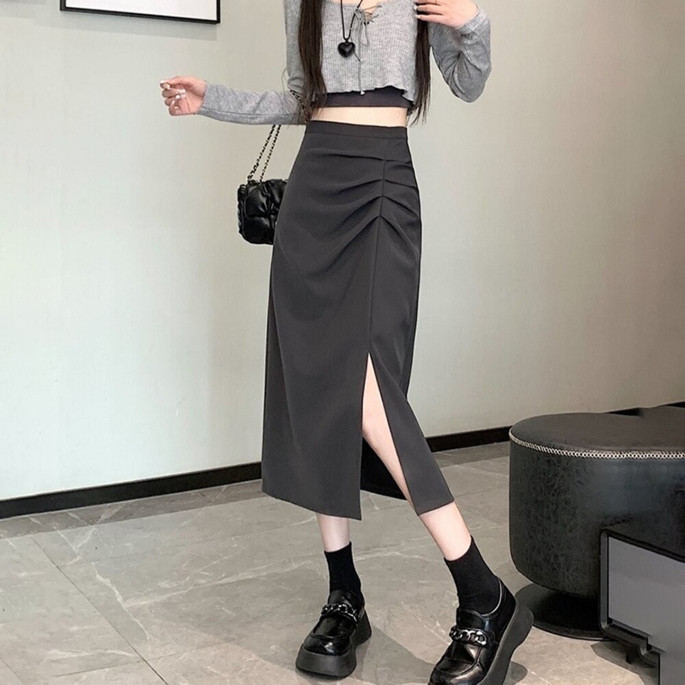 【台灣發貨】韓版氣質設計感高腰西裝長裙 裙子 褲裙 長裙 女裝【P406】-細節圖3