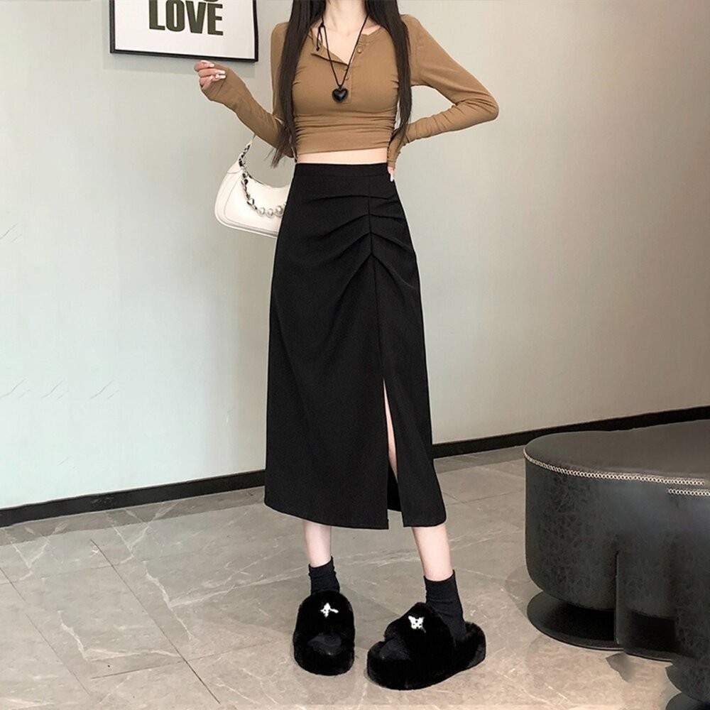 【台灣發貨】韓版氣質設計感高腰西裝長裙 裙子 褲裙 長裙 女裝【P406】-細節圖4