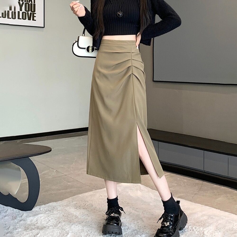 【台灣發貨】韓版氣質設計感高腰西裝長裙 裙子 褲裙 長裙 女裝【P406】-細節圖5