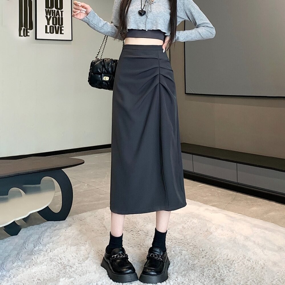 【台灣發貨】韓版氣質設計感高腰西裝長裙 裙子 褲裙 長裙 女裝【P406】-細節圖6