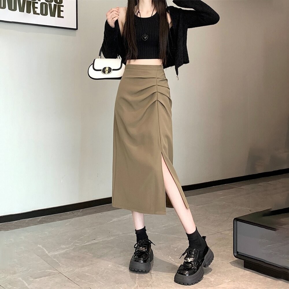 【台灣發貨】韓版氣質設計感高腰西裝長裙 裙子 褲裙 長裙 女裝【P406】-細節圖8