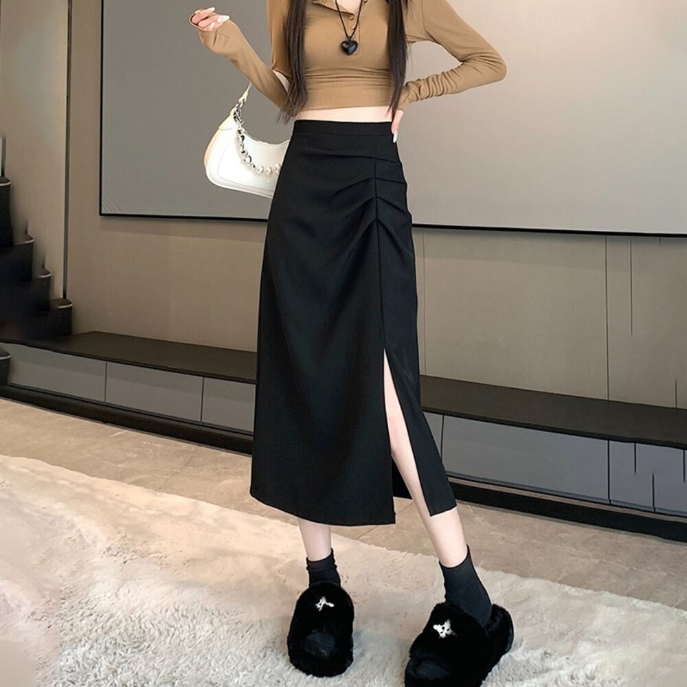 【台灣發貨】韓版氣質設計感高腰西裝長裙 裙子 褲裙 長裙 女裝【P406】-細節圖9