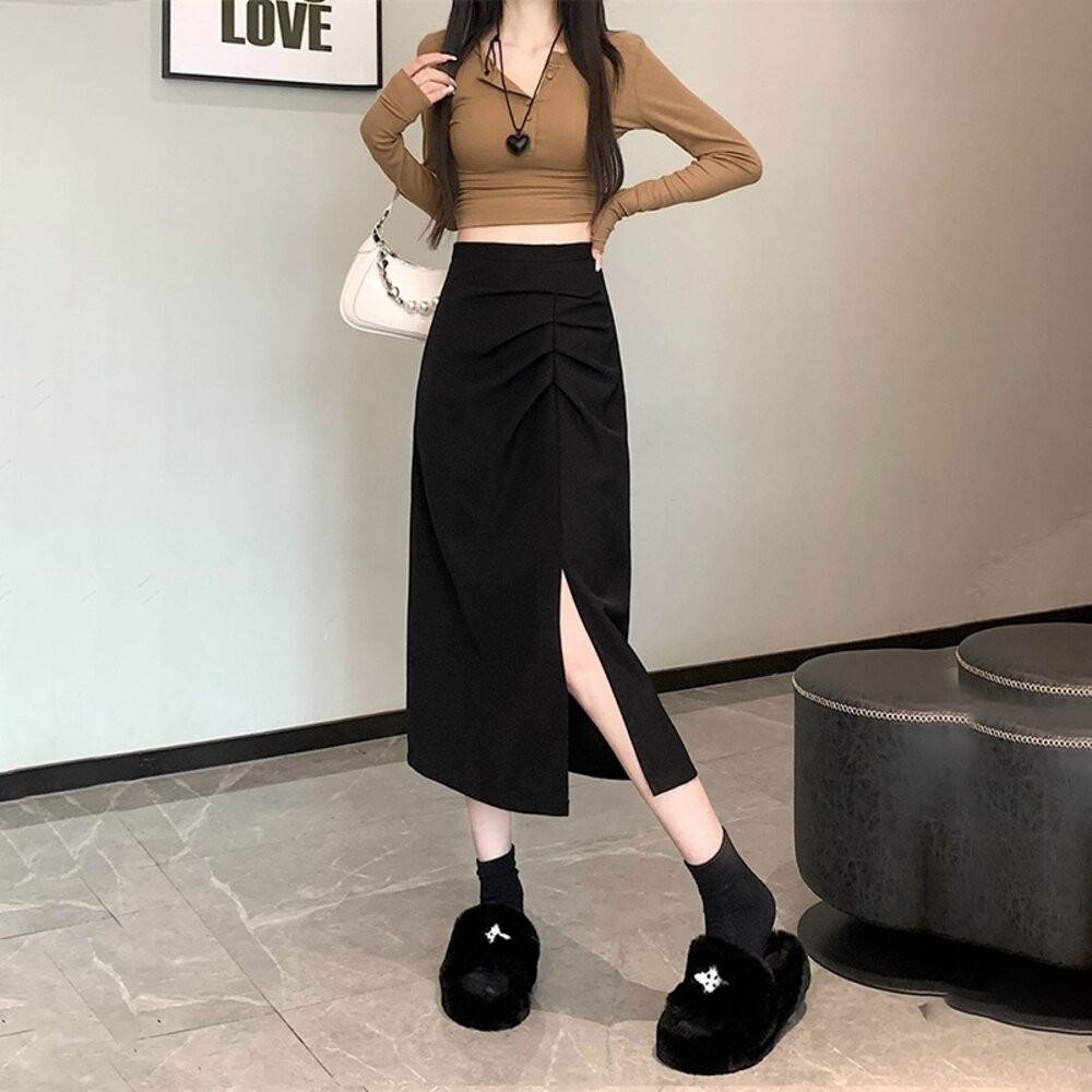 【台灣發貨】韓版氣質設計感高腰西裝長裙 裙子 褲裙 長裙 女裝【P406】-規格圖9