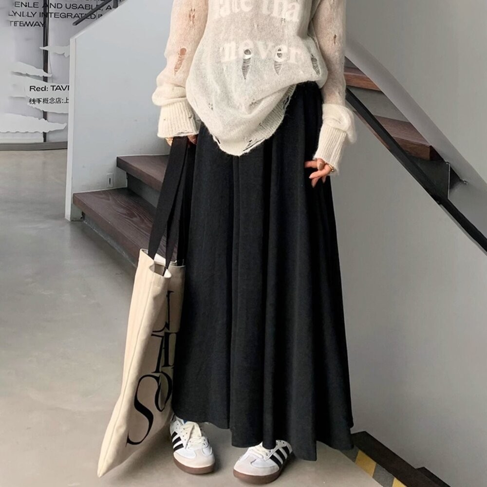【台灣發貨】韓版高腰垂感寬鬆顯瘦長褲裙 寬褲 褲子 女裝 長裙【P405】-細節圖6