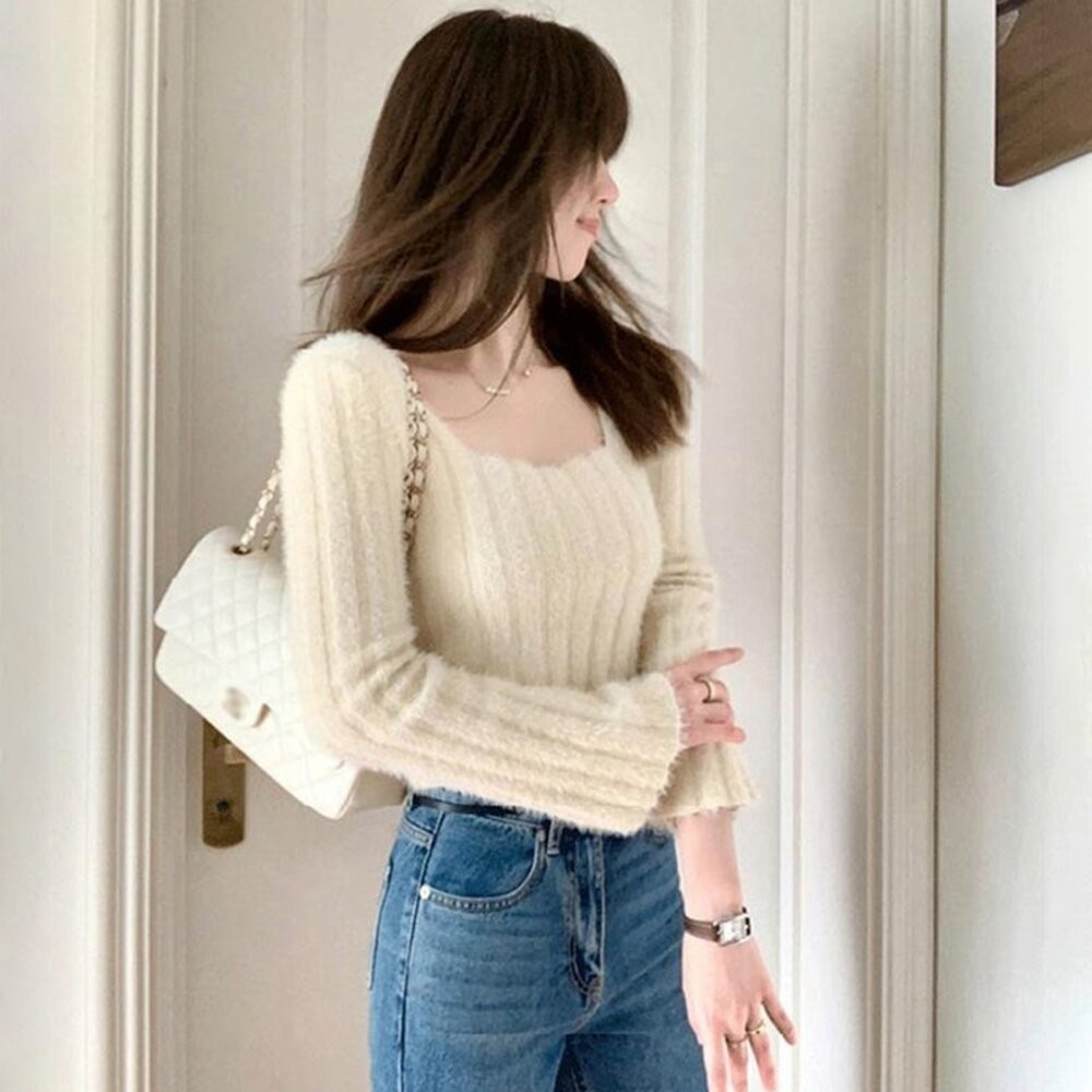 【台灣發貨】韓版顯瘦毛毛針織上衣 長袖上衣 長袖t恤 衣服 女裝 上衣【W290】-細節圖4