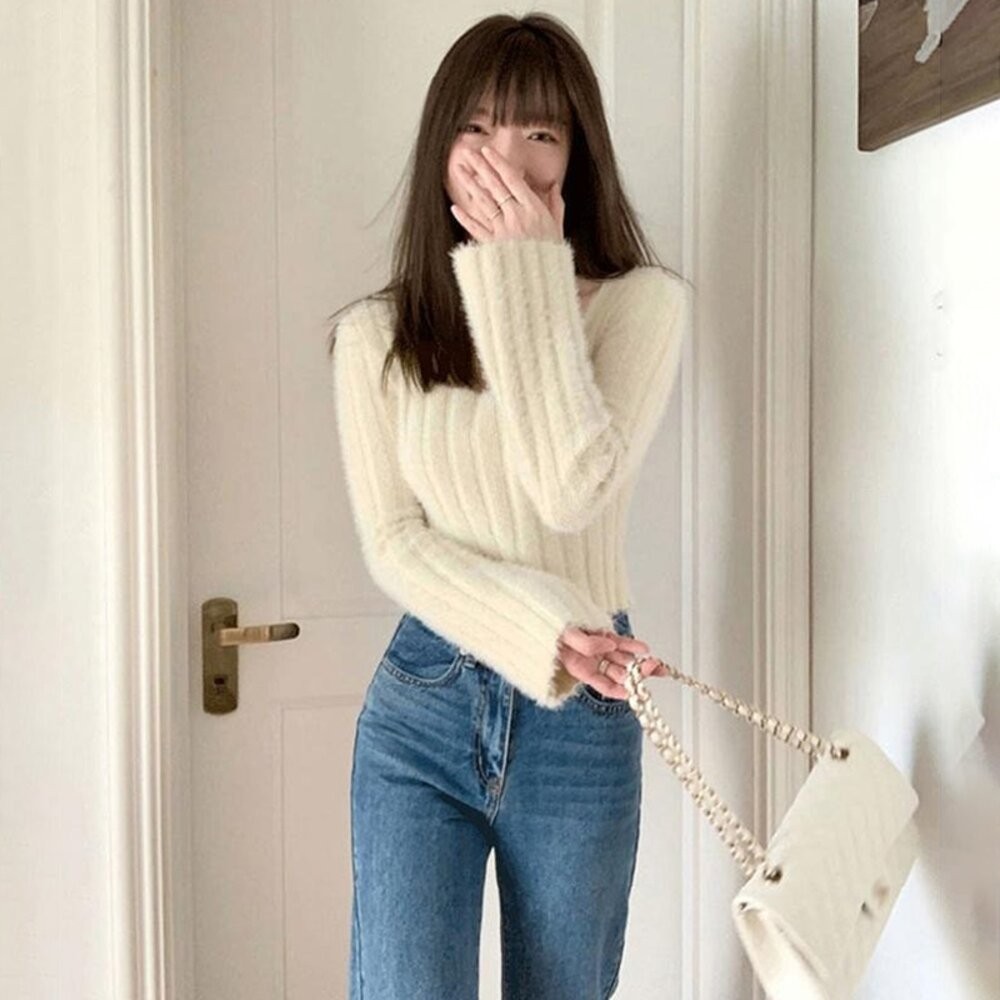 【台灣發貨】韓版顯瘦毛毛針織上衣 長袖上衣 長袖t恤 衣服 女裝 上衣【W290】-細節圖5