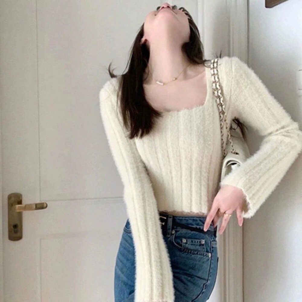 【台灣發貨】韓版顯瘦毛毛針織上衣 長袖上衣 長袖t恤 衣服 女裝 上衣【W290】-細節圖7