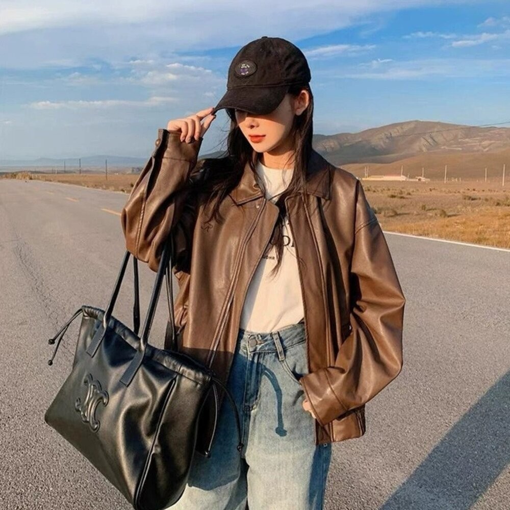 【台灣發貨】韓版甜酷寬鬆皮外套 外套 防曬外套 女裝 上衣 衣服【J382】-細節圖2