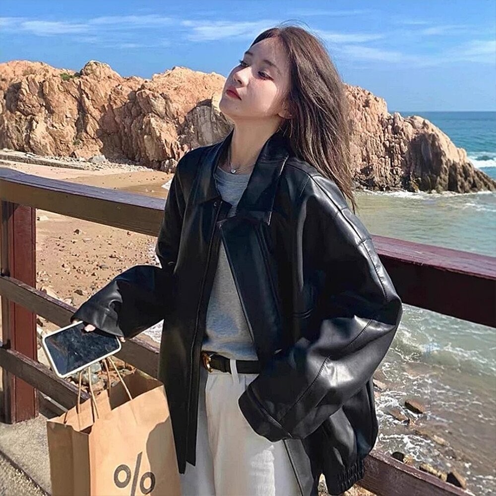 【台灣發貨】韓版甜酷寬鬆皮外套 外套 防曬外套 女裝 上衣 衣服【J382】-細節圖3