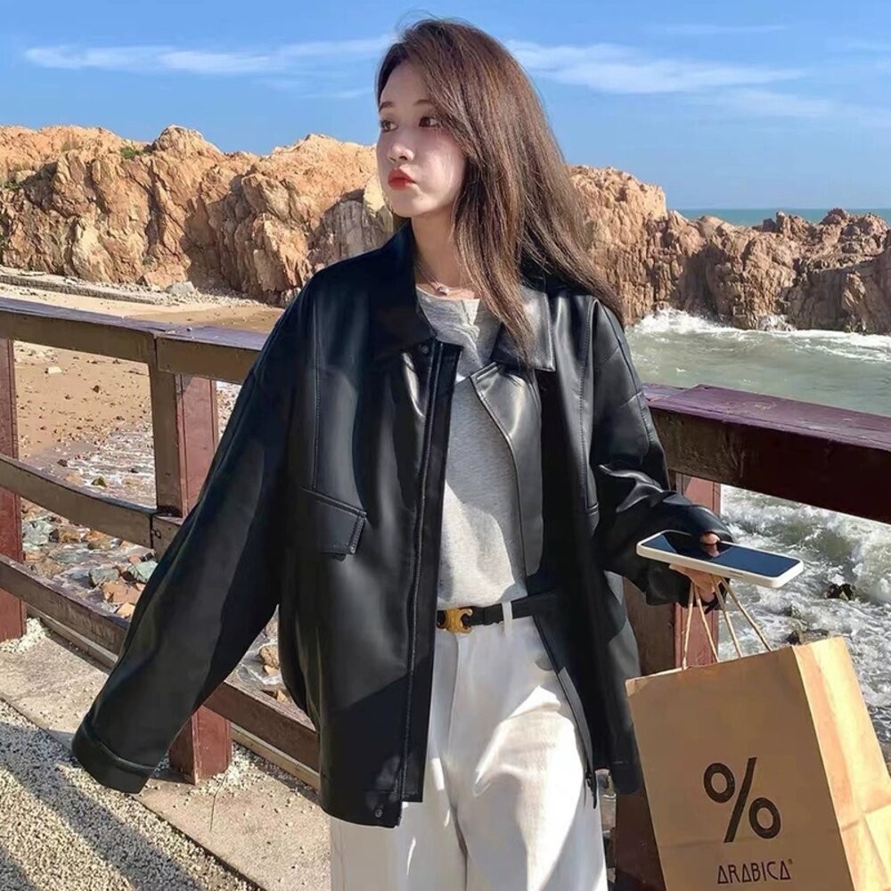 【台灣發貨】韓版甜酷寬鬆皮外套 外套 防曬外套 女裝 上衣 衣服【J382】-細節圖4