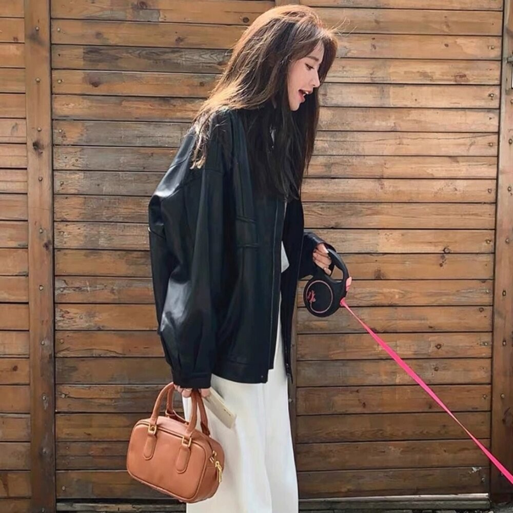【台灣發貨】韓版甜酷寬鬆皮外套 外套 防曬外套 女裝 上衣 衣服【J382】-細節圖5