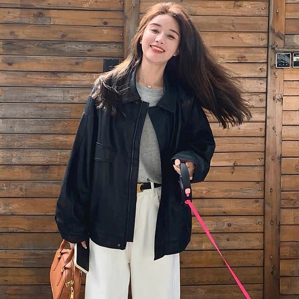 【台灣發貨】韓版甜酷寬鬆皮外套 外套 防曬外套 女裝 上衣 衣服【J382】-細節圖6
