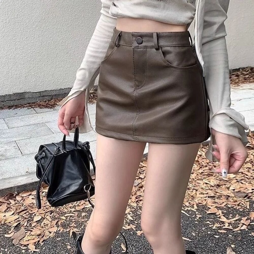 【台灣發貨】韓版高腰顯瘦皮褲裙 短褲 褲子 女裝【P362】-細節圖2