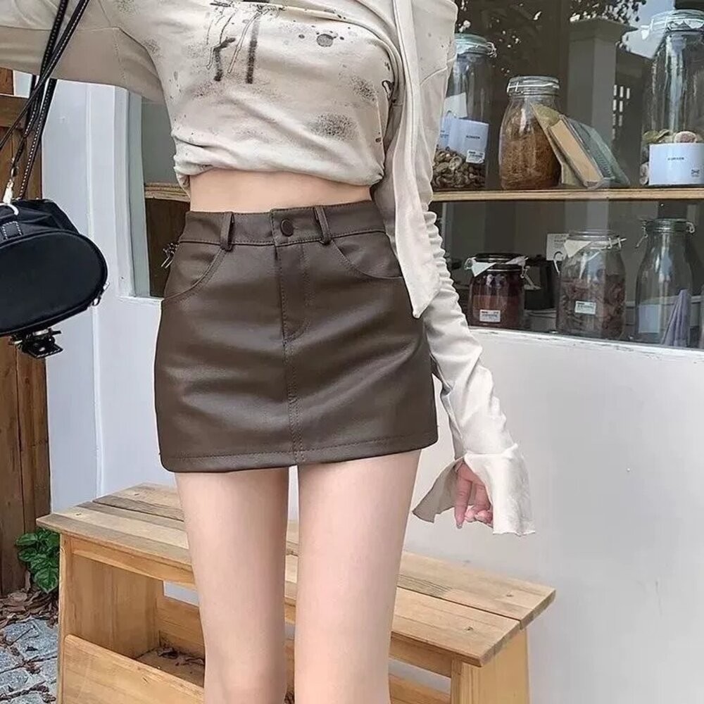 【台灣發貨】韓版高腰顯瘦皮褲裙 短褲 褲子 女裝【P362】-細節圖6