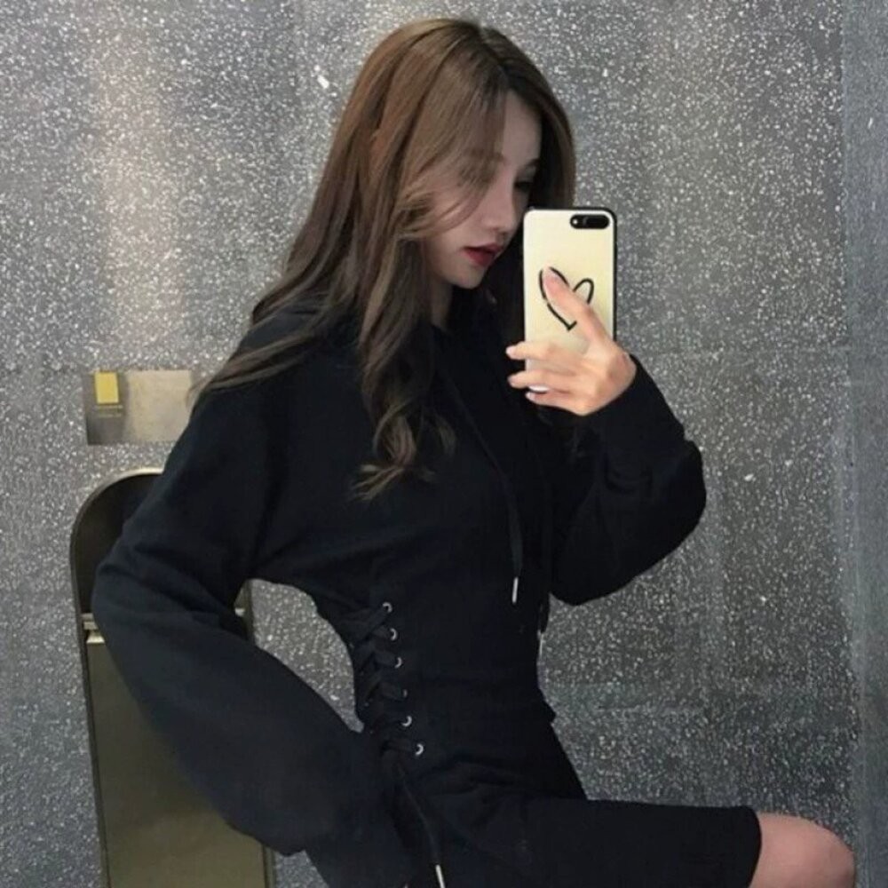 【台灣發貨】韓版寬鬆顯瘦收腰連帽上衣 連身裙 吊帶裙 吊帶褲 女裝【W83】-細節圖7