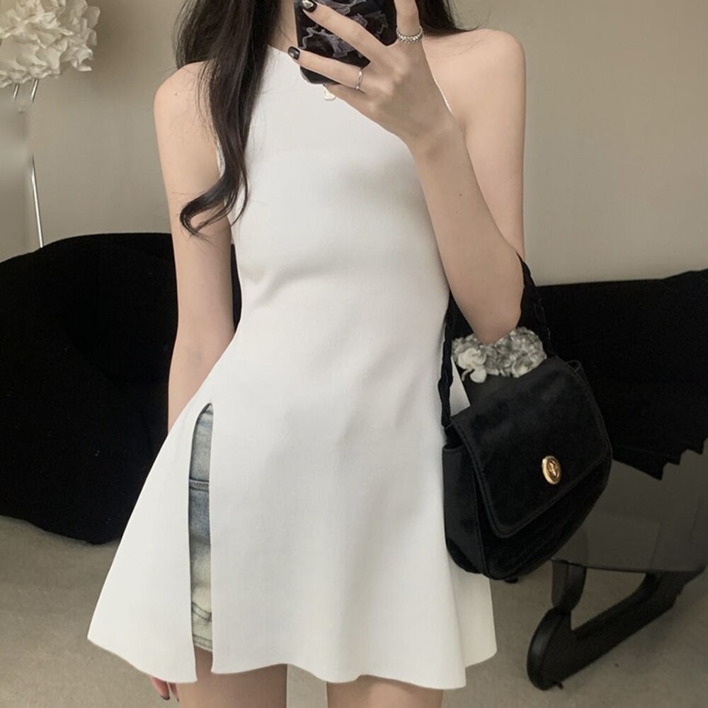 【台灣發貨】韓版氣質開叉長版針織背心 小可愛 背心 衣服 女裝 上衣【V436】-細節圖2