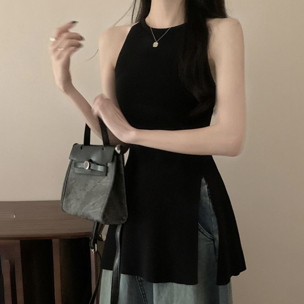 【台灣發貨】韓版氣質開叉長版針織背心 小可愛 背心 衣服 女裝 上衣【V436】-細節圖3