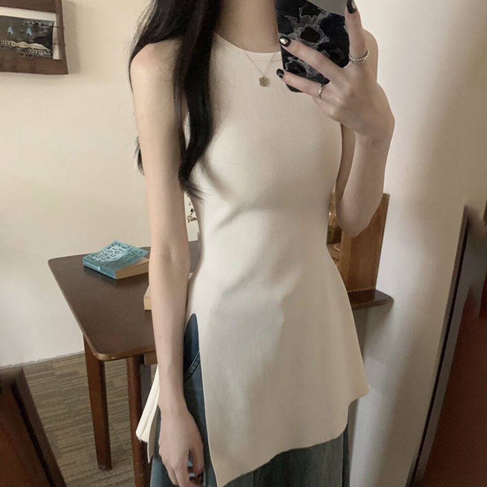 【台灣發貨】韓版氣質開叉長版針織背心 小可愛 背心 衣服 女裝 上衣【V436】-細節圖4