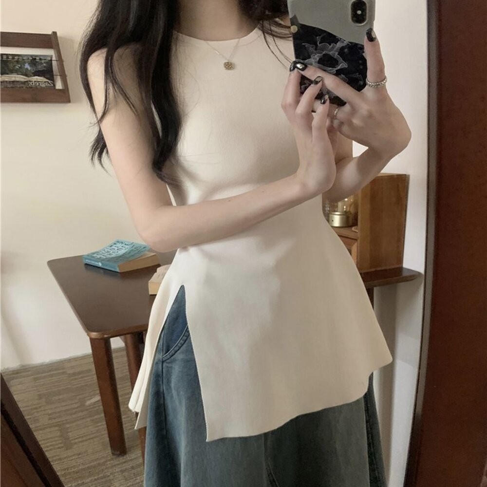 【台灣發貨】韓版氣質開叉長版針織背心 小可愛 背心 衣服 女裝 上衣【V436】-細節圖6