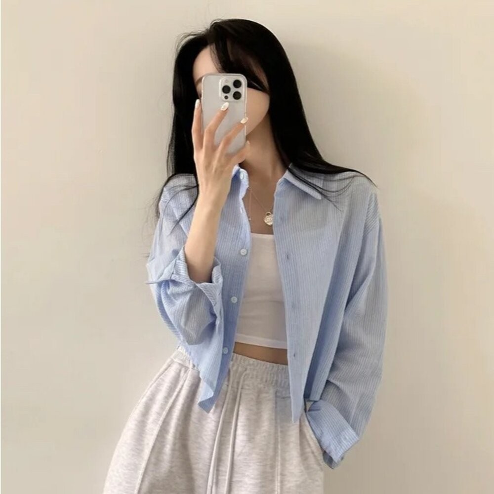 【台灣發貨】韓版設計感小眾小條紋襯衫 外套 防曬外套 女裝 上衣 衣服【J391】-細節圖2