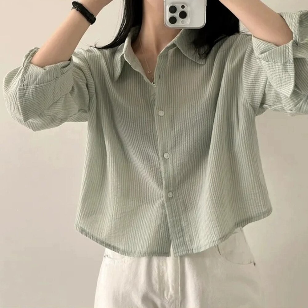 【台灣發貨】韓版設計感小眾小條紋襯衫 外套 防曬外套 女裝 上衣 衣服【J391】-細節圖3