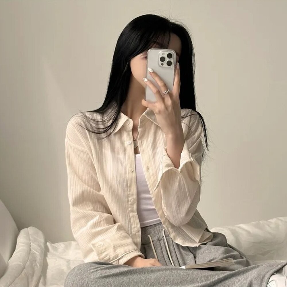 【台灣發貨】韓版設計感小眾小條紋襯衫 外套 防曬外套 女裝 上衣 衣服【J391】-細節圖5