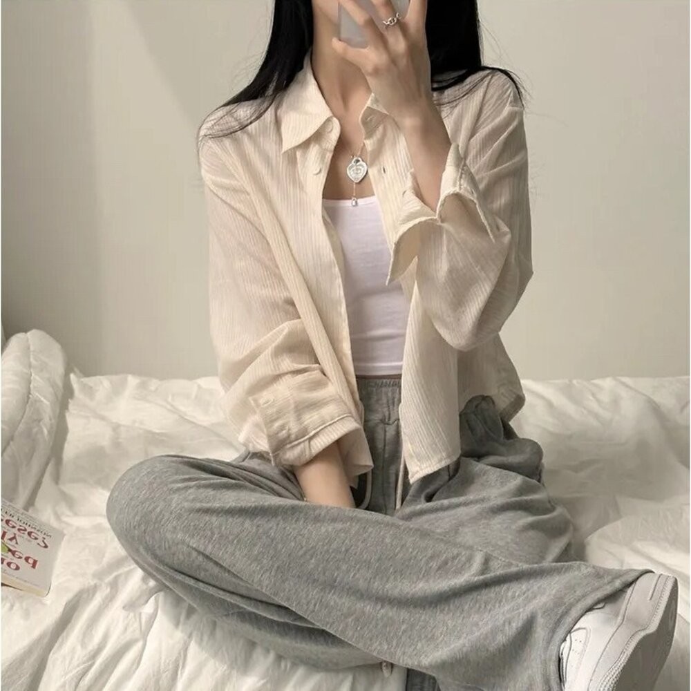 【台灣發貨】韓版設計感小眾小條紋襯衫 外套 防曬外套 女裝 上衣 衣服【J391】-細節圖8