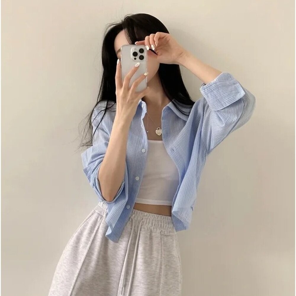 【台灣發貨】韓版設計感小眾小條紋襯衫 外套 防曬外套 女裝 上衣 衣服【J391】-細節圖9