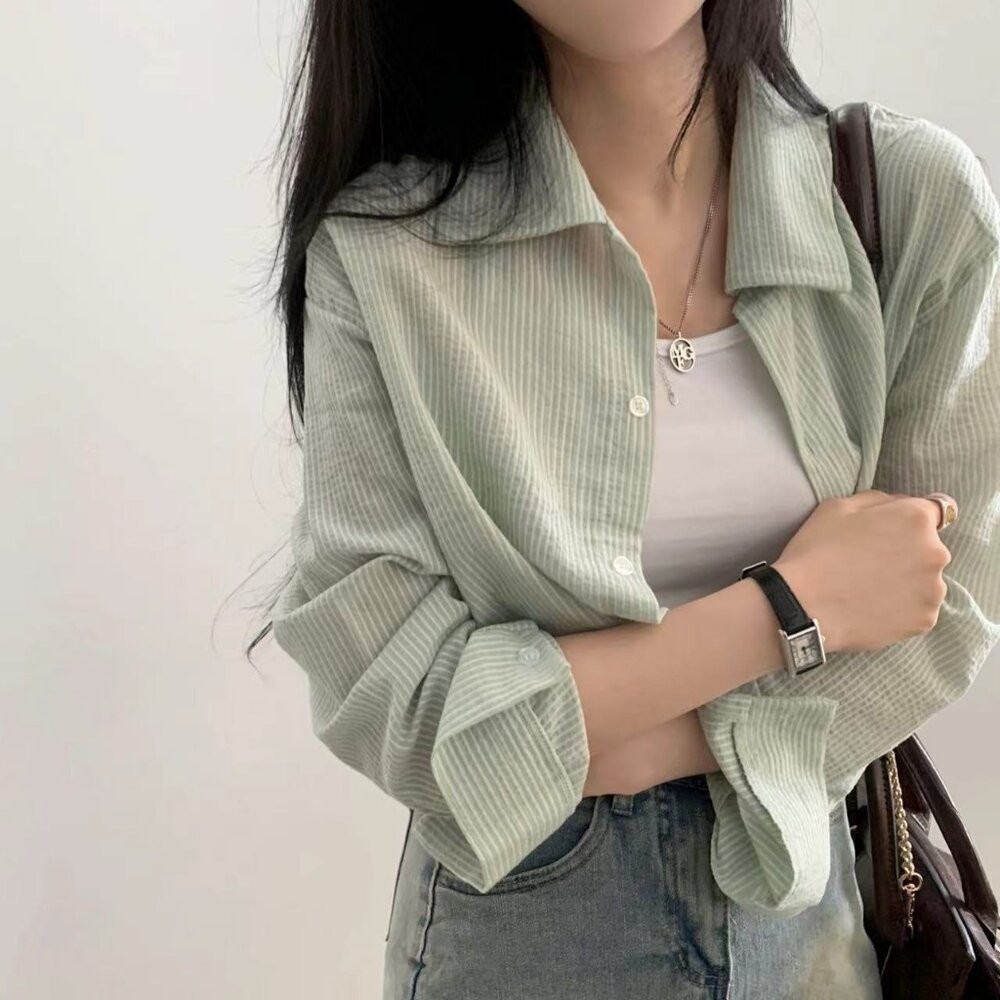 【台灣發貨】韓版設計感小眾小條紋襯衫 外套 防曬外套 女裝 上衣 衣服【J391】-規格圖9