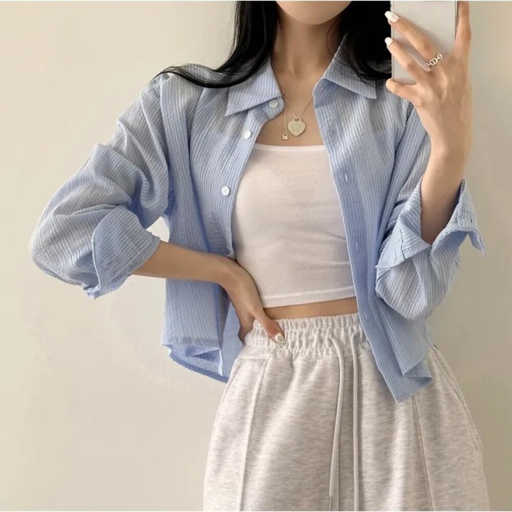 【台灣發貨】韓版設計感小眾小條紋襯衫 外套 防曬外套 女裝 上衣 衣服【J391】-規格圖9