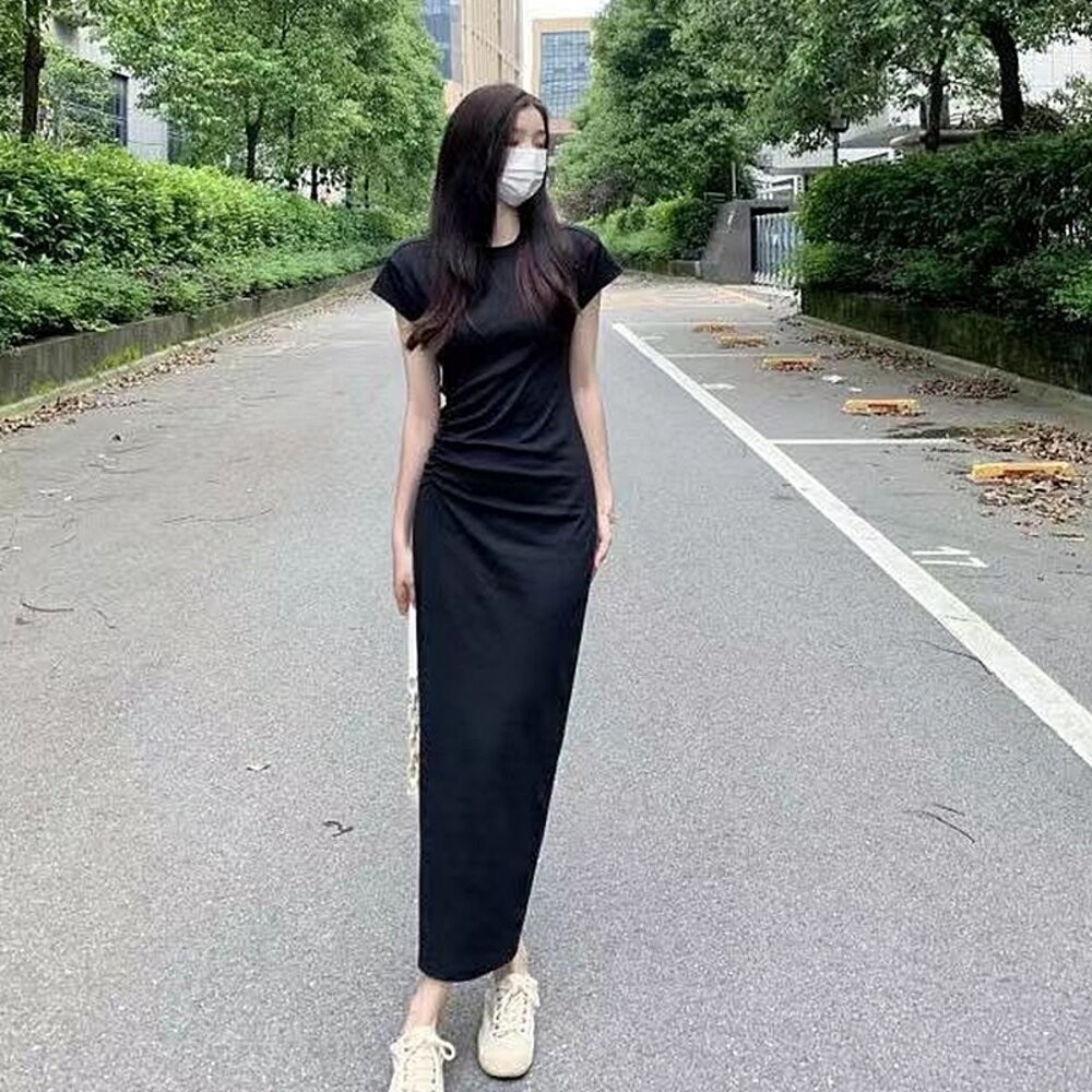 【台灣發貨】韓版氣質收腰顯瘦小飛袖洋裝 裙子 褲裙 長裙 女裝【S360】-細節圖4