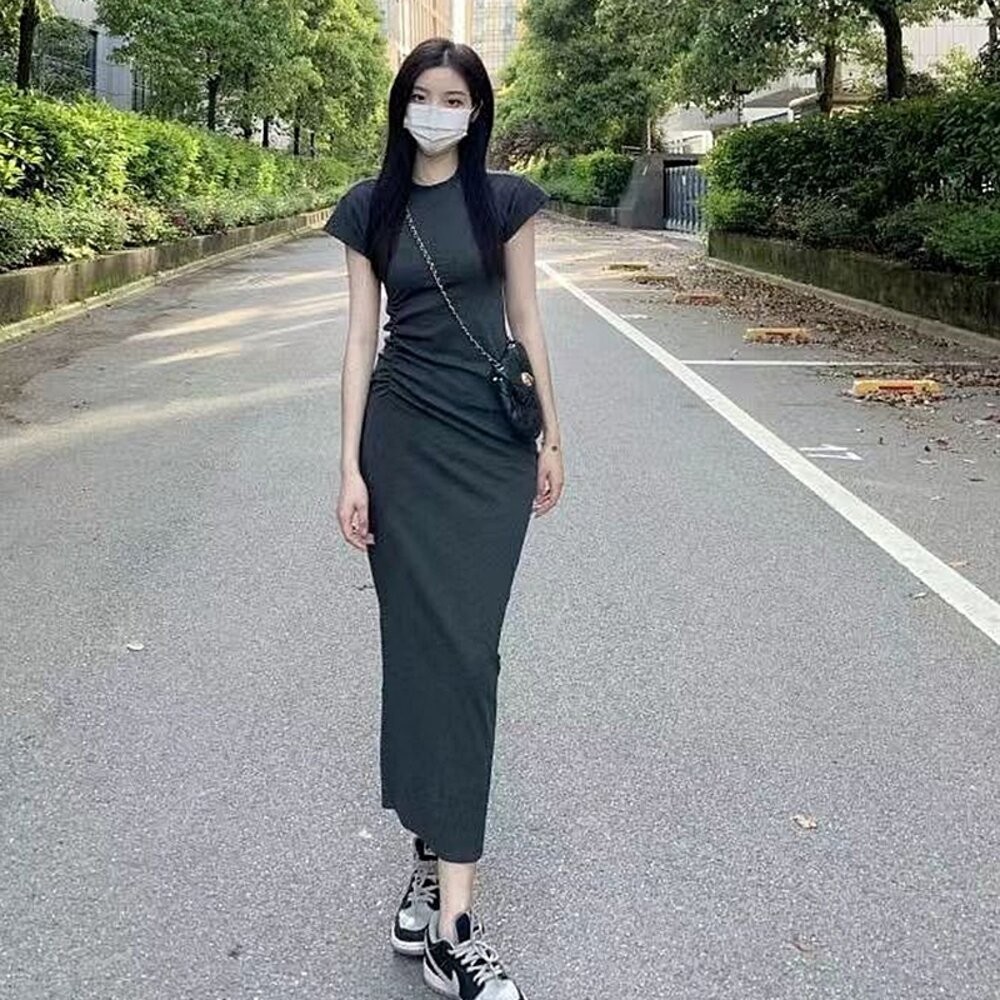 【台灣發貨】韓版氣質收腰顯瘦小飛袖洋裝 裙子 褲裙 長裙 女裝【S360】-細節圖5