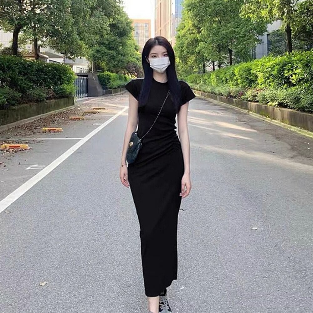 【台灣發貨】韓版氣質收腰顯瘦小飛袖洋裝 裙子 褲裙 長裙 女裝【S360】-細節圖6