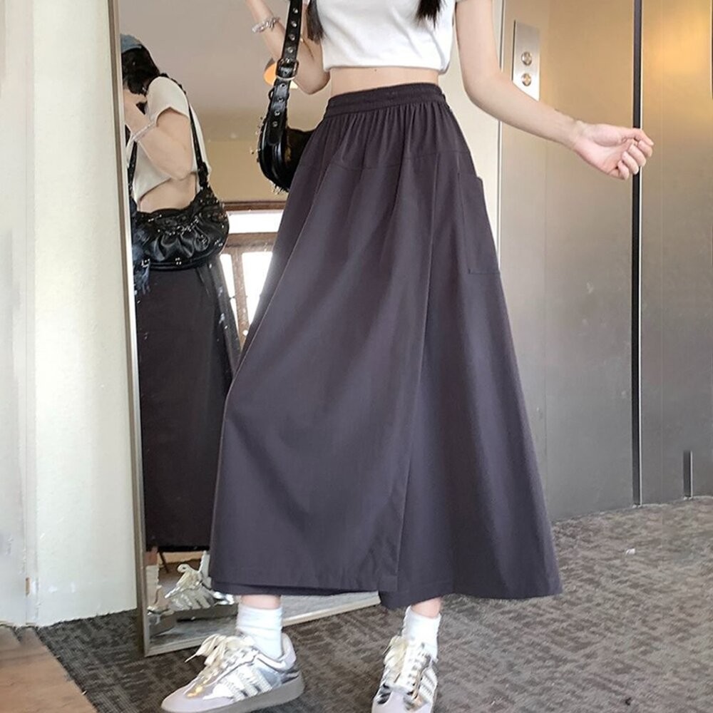 【台灣發貨】韓版薄款寬鬆高腰垂感長裙 裙子 褲裙 長裙 女裝【P392】-細節圖2