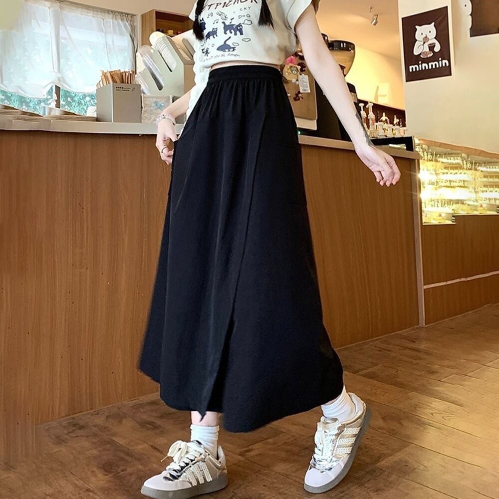 【台灣發貨】韓版薄款寬鬆高腰垂感長裙 裙子 褲裙 長裙 女裝【P392】-細節圖3