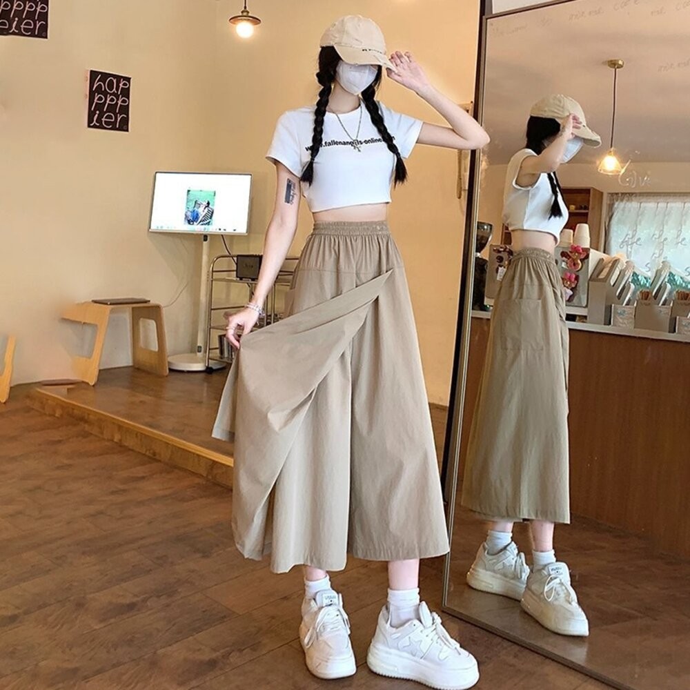 【台灣發貨】韓版薄款寬鬆高腰垂感長裙 裙子 褲裙 長裙 女裝【P392】-細節圖4