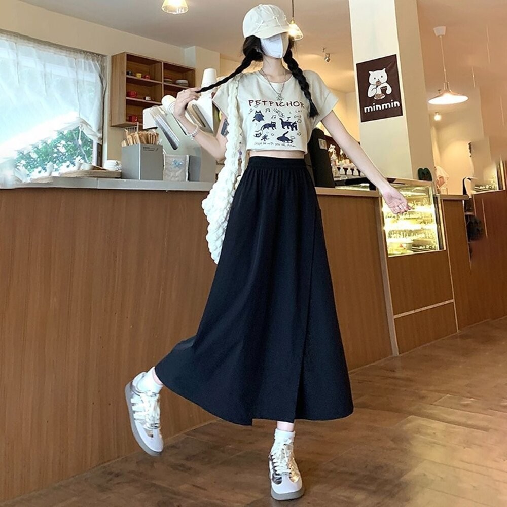 【台灣發貨】韓版薄款寬鬆高腰垂感長裙 裙子 褲裙 長裙 女裝【P392】-細節圖6