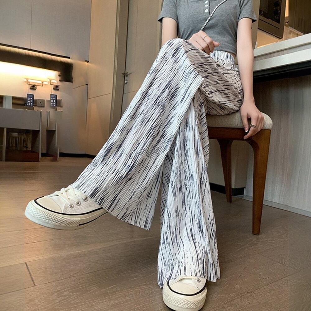 【台灣發貨】韓版冰絲渲染直筒高腰顯瘦垂感寬褲 寬褲 褲子 女裝【P391】-細節圖2