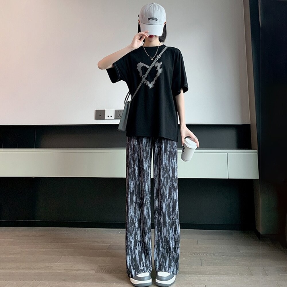 【台灣發貨】韓版冰絲渲染直筒高腰顯瘦垂感寬褲 寬褲 褲子 女裝【P391】-細節圖3