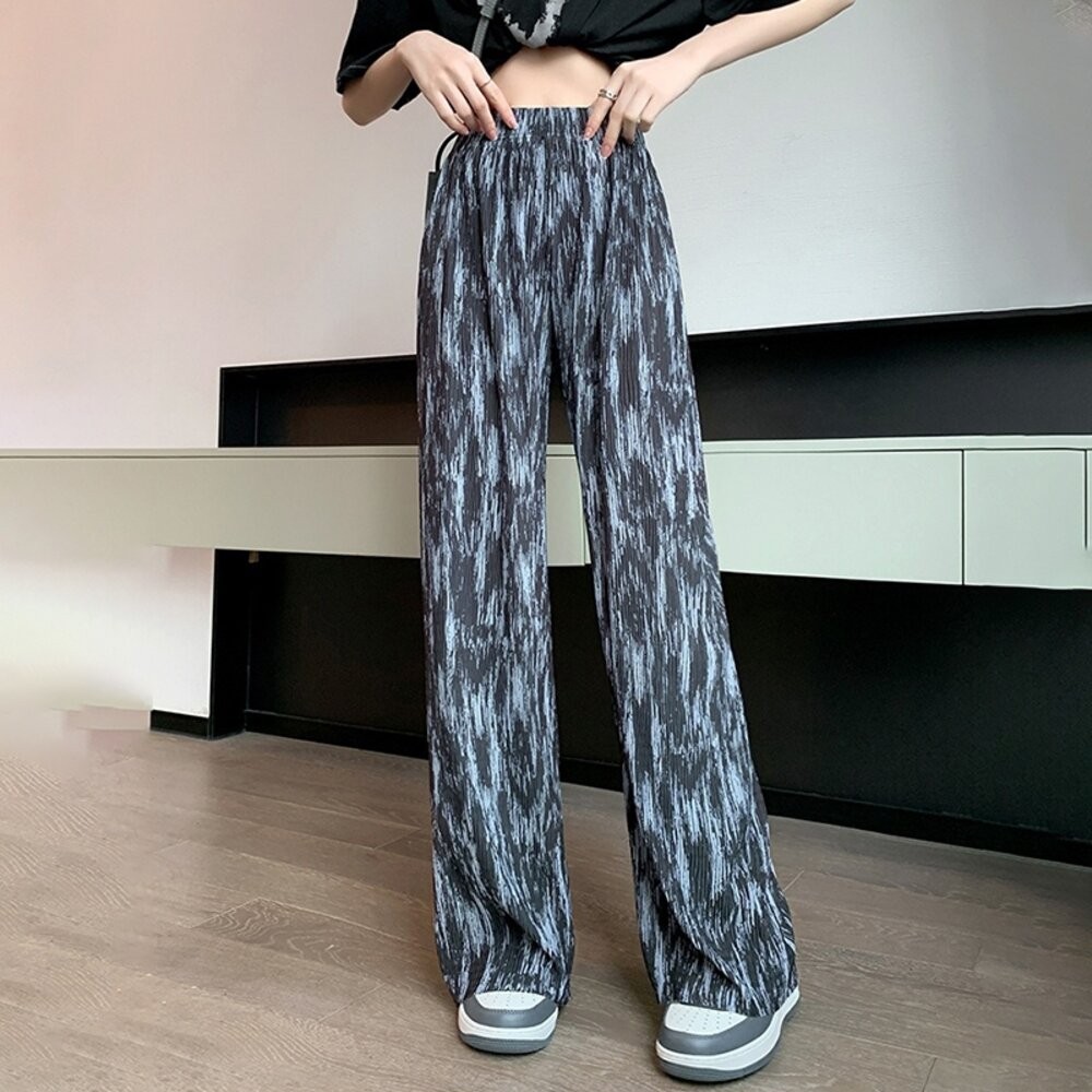 【台灣發貨】韓版冰絲渲染直筒高腰顯瘦垂感寬褲 寬褲 褲子 女裝【P391】-細節圖5