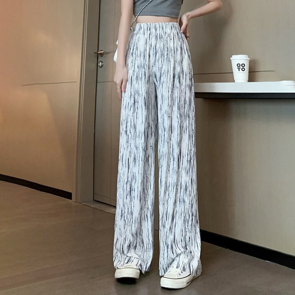 【台灣發貨】韓版冰絲渲染直筒高腰顯瘦垂感寬褲 寬褲 褲子 女裝【P391】-細節圖6