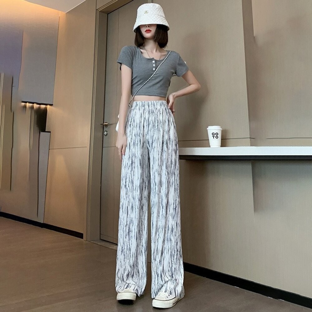 【台灣發貨】韓版冰絲渲染直筒高腰顯瘦垂感寬褲 寬褲 褲子 女裝【P391】-細節圖8