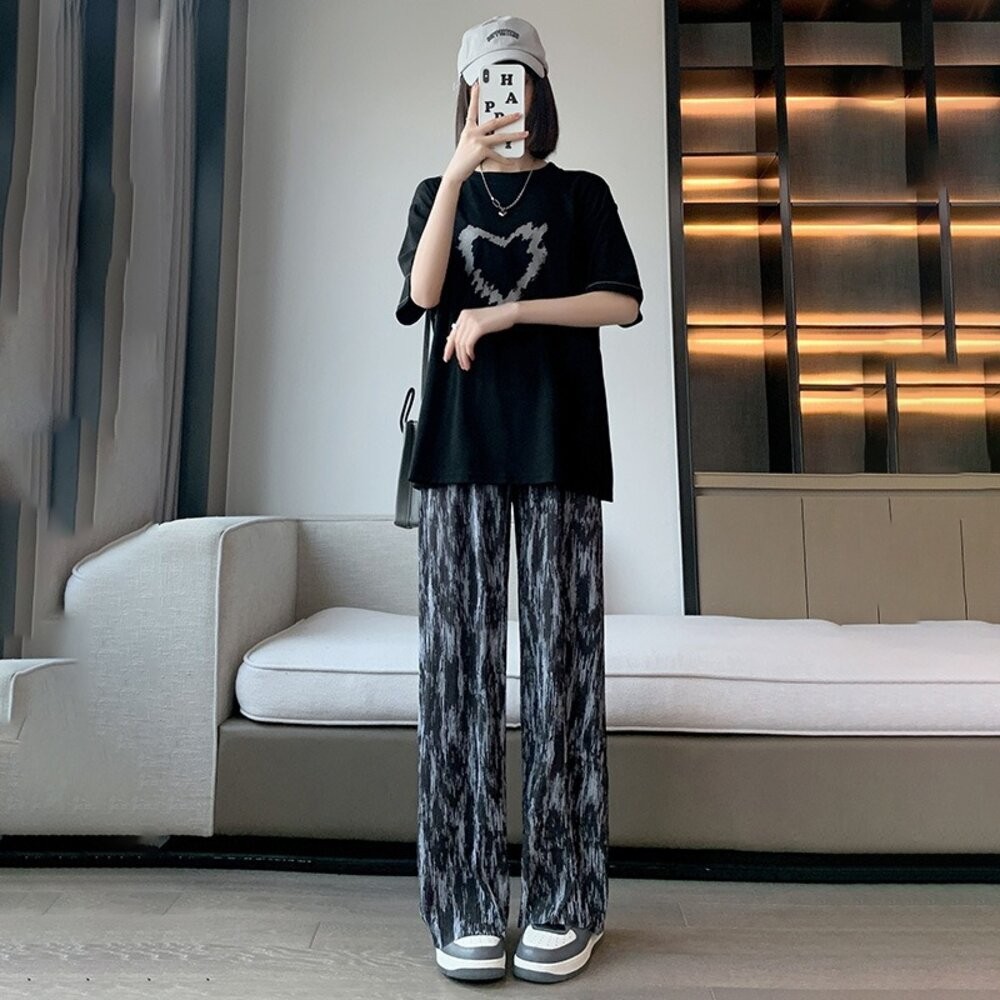 【台灣發貨】韓版冰絲渲染直筒高腰顯瘦垂感寬褲 寬褲 褲子 女裝【P391】-細節圖9